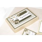 Bababejelentő zokni pezsgő színű dobozban