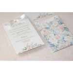 Pasztell virágos esküvői meghívó szett, tokos kivitelben, romantikus stílusban