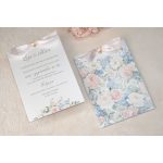 Pasztell virágos esküvői meghívó szett, tokos kivitelben, romantikus stílusban