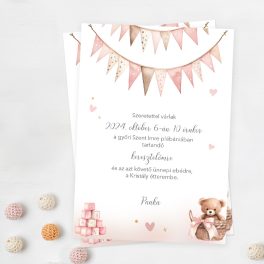   Keresztelő meghívó, szülinap meghívó - rózsaszín maci kosárban