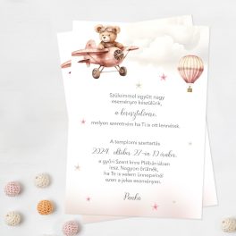   Keresztelő meghívó, szülinap meghívó - rózsaszín repülős maci