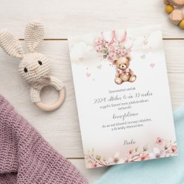   Keresztelő meghívó, szülinapi meghívó - rózsaszín maci lufival