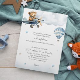   Keresztelő meghívó, szülinapi meghívó - kék repülős maci