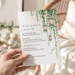 Greenery stílusú esküvői meghívó antik lámpással és zöld levelekkel.