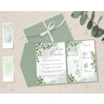 Kinyitott zsebes esküvői meghívó két belső oldallal és greenery grafikával