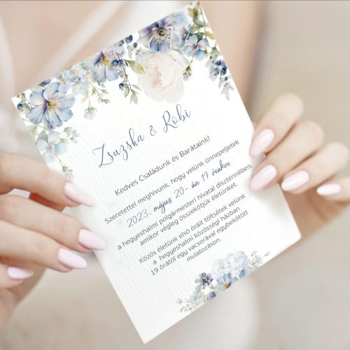 Azure kék esküvői meghívó bordázott művészpapíron