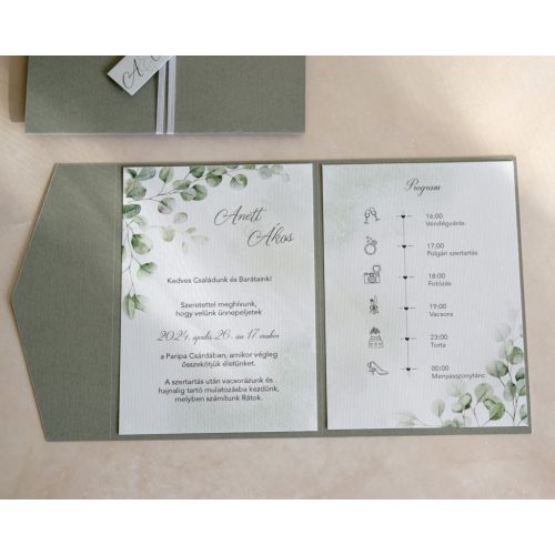 Eukaliptusz mintás borítékra hajtott esküvői meghívó szalagos átkötéssel