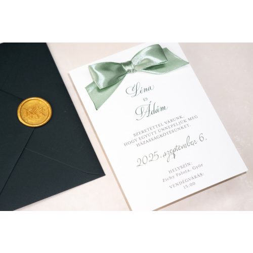 Egyszerű esküvői meghívó fehér alapon masnis díszítéssel