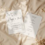 Minimalista esküvői meghívó részlet, modern tipográfiával és line art grafikával