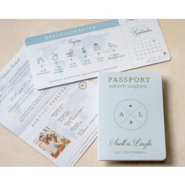 Passport esküvői meghívó pasztell kék színben, aranyozott borítóval