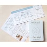 Pasztell kék színvilágú, passport formátumú utazás tematikájú esküvői meghívó
