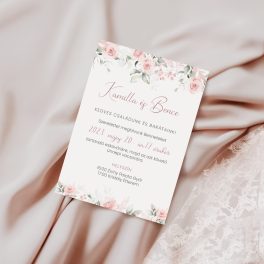 Rózsaszín romantikus esküvői meghívó pasztell virágos grafikával